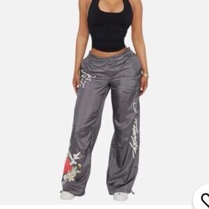 Ed Hardy Y2K Love Kills Slowly Nylon Pants Sz L Jogger Gray Graphic Print Skull